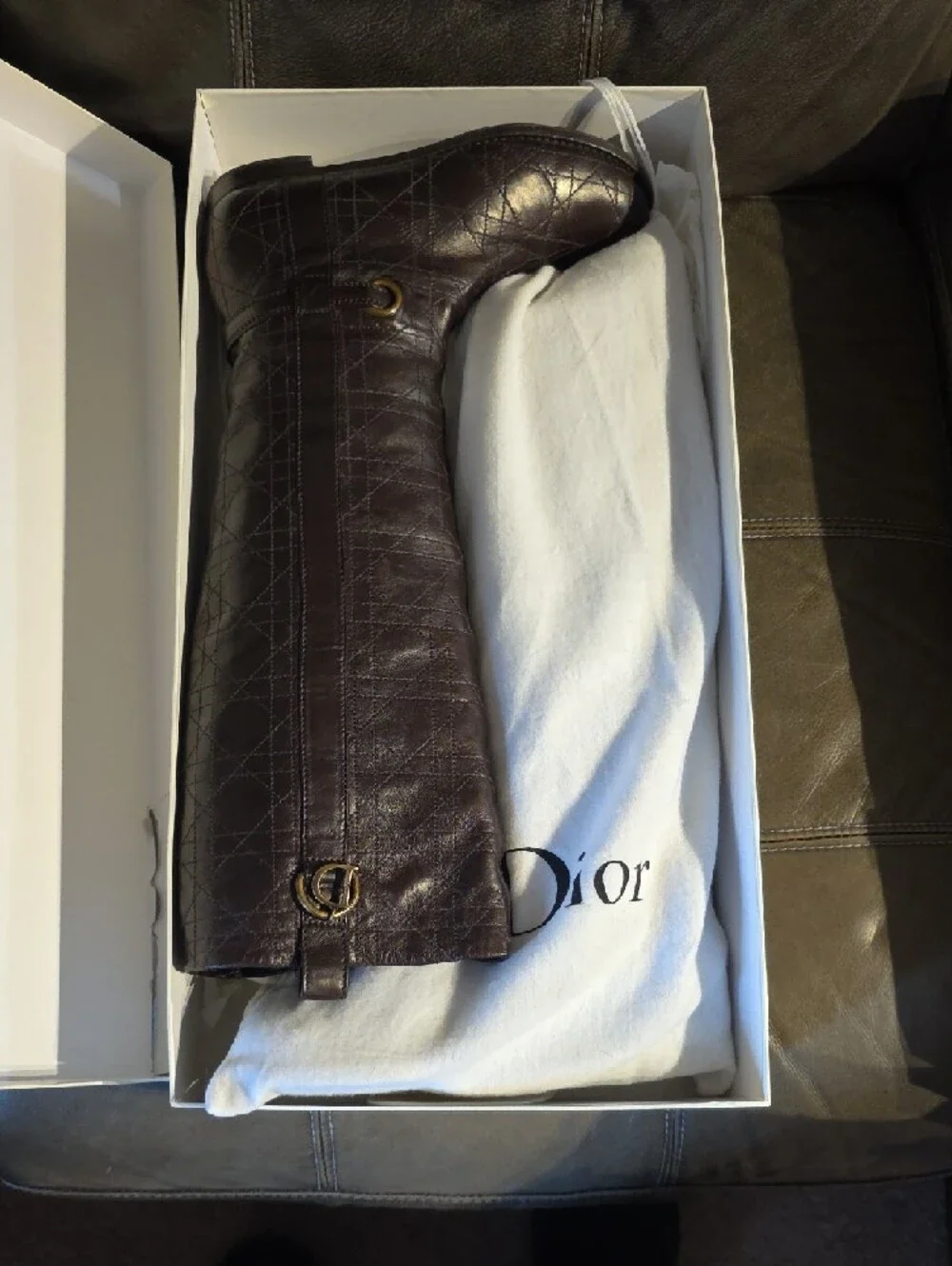 Dior Dark Brown Over-the-Knee Croc-Embossed Leather Boots